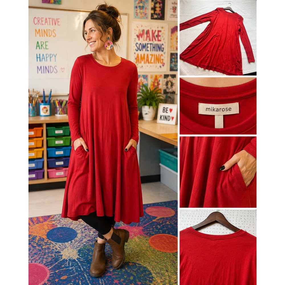 Mikarose Red Swing Dress‎ Long Sleeve Pockets Modest Tunic Art Teacher S